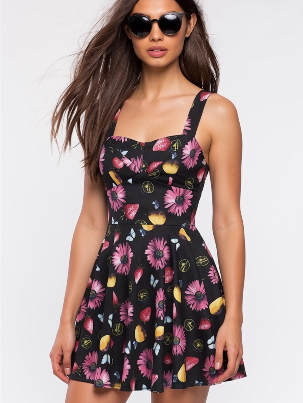 LAST ONE #127 Butterfly Floral Fruit Print Pure Cotton Fit And Flare Dress XS